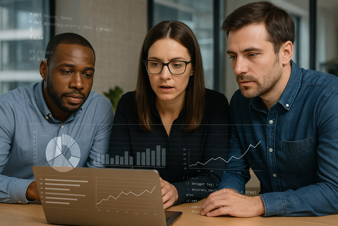 Team of professionals analyzing business data on laptop with charts and graphs